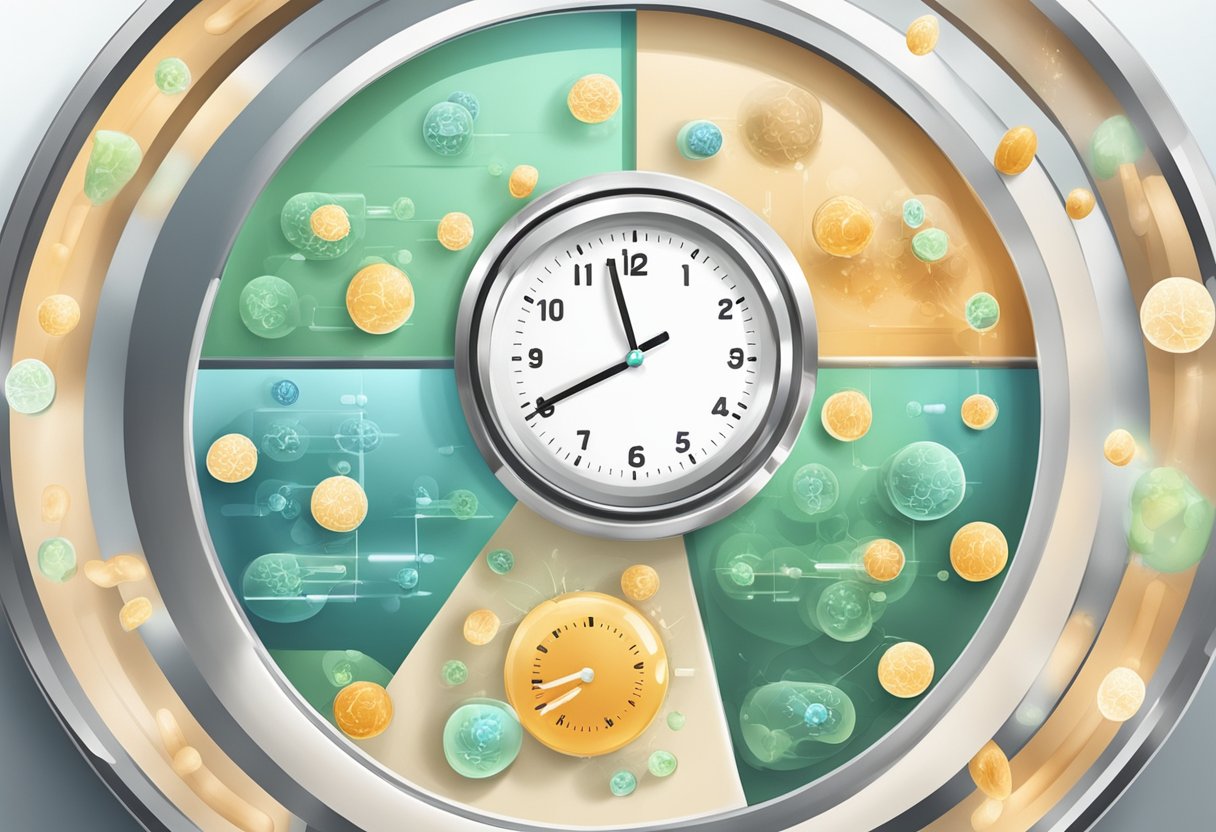 Probiotics working: A clock showing time passing, a healthy gut with beneficial bacteria multiplying and thriving