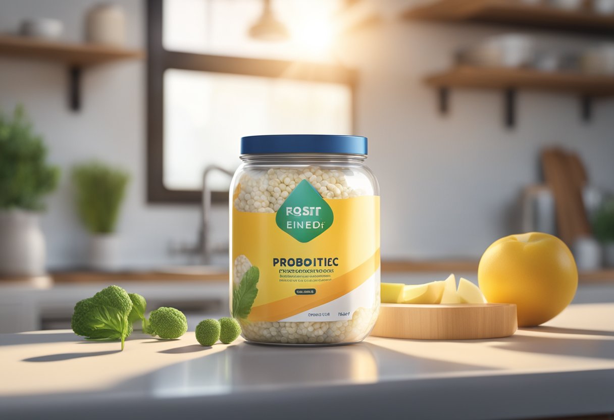 A jar of probiotics sits on a clean, modern kitchen countertop. A beam of sunlight shines on the jar, highlighting its importance