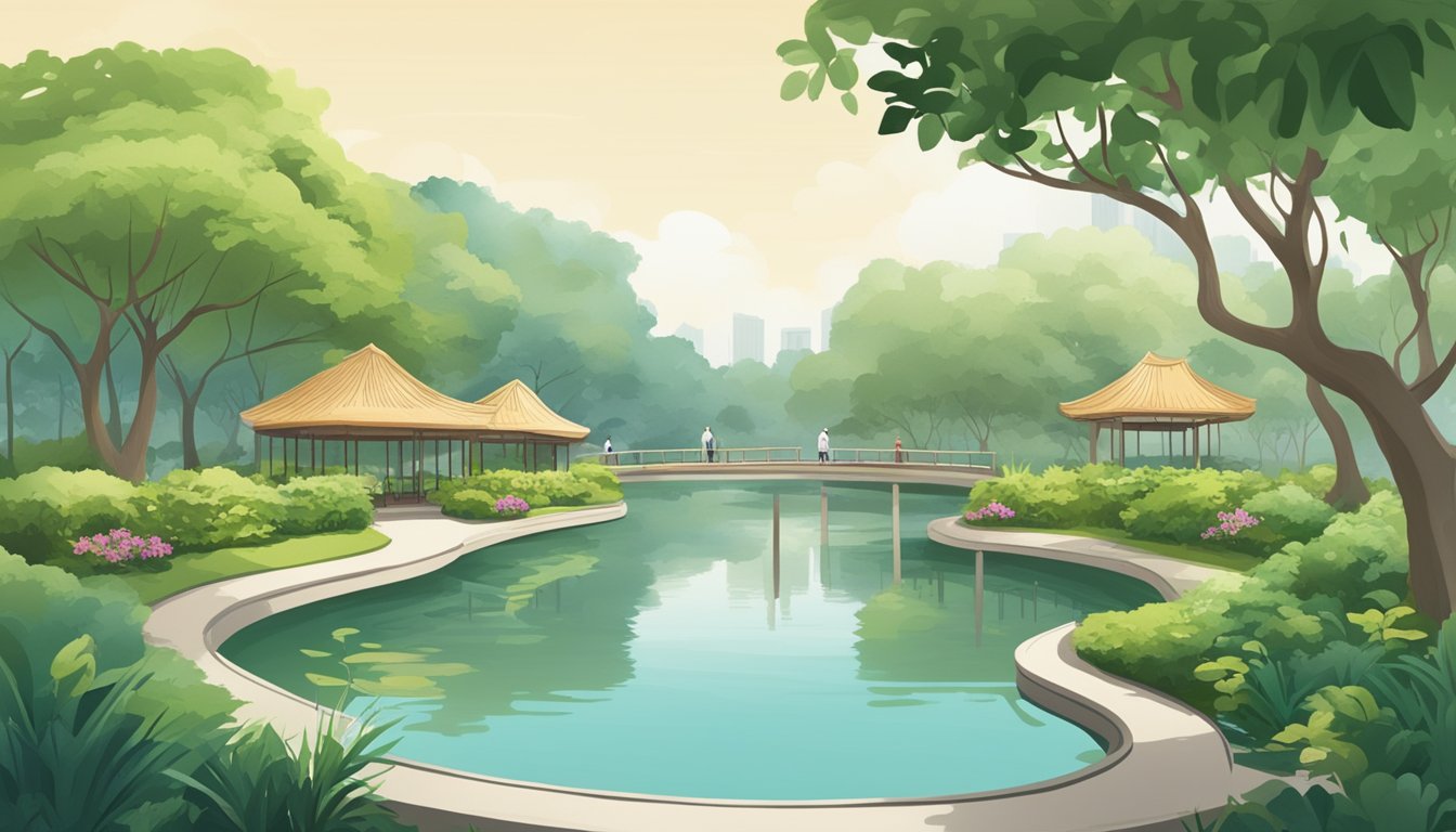 A peaceful park in Singapore with a serene pond and lush greenery, with a sign displaying the cost of living and retirement savings needed