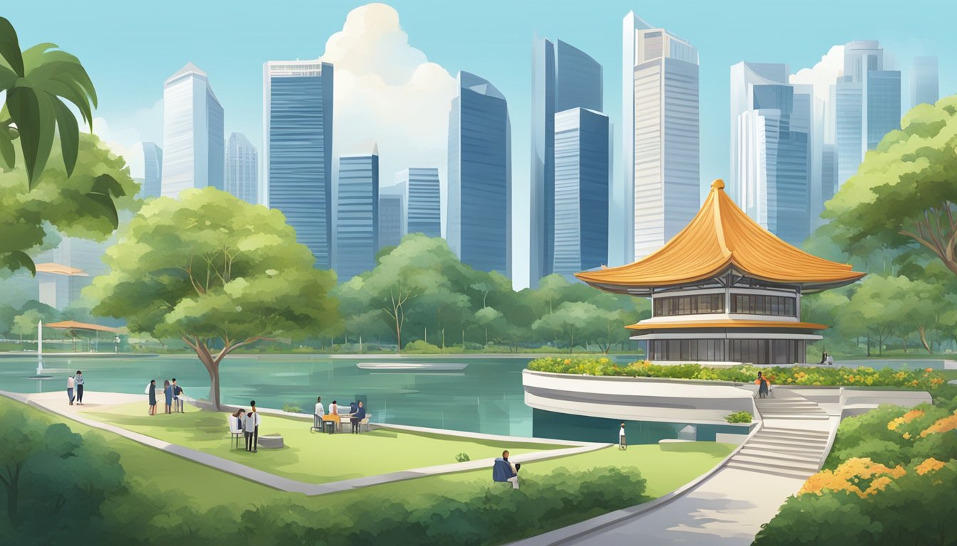 A serene park with a backdrop of the Singapore skyline, showcasing a mix of modern and traditional architecture, with a focus on financial planning and retirement savings