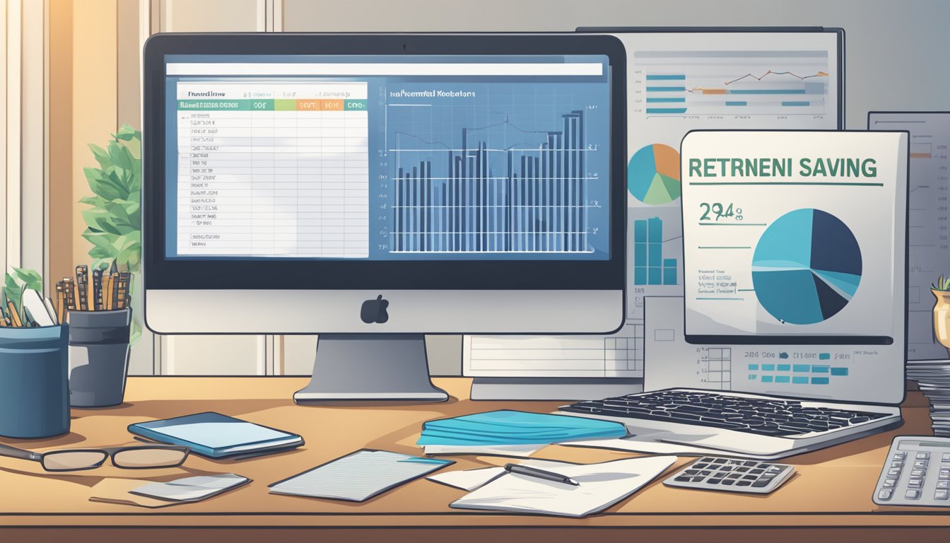 A calculator and a notebook sit on a desk, surrounded by financial documents and graphs. A retirement savings plan is displayed on a computer screen in the background