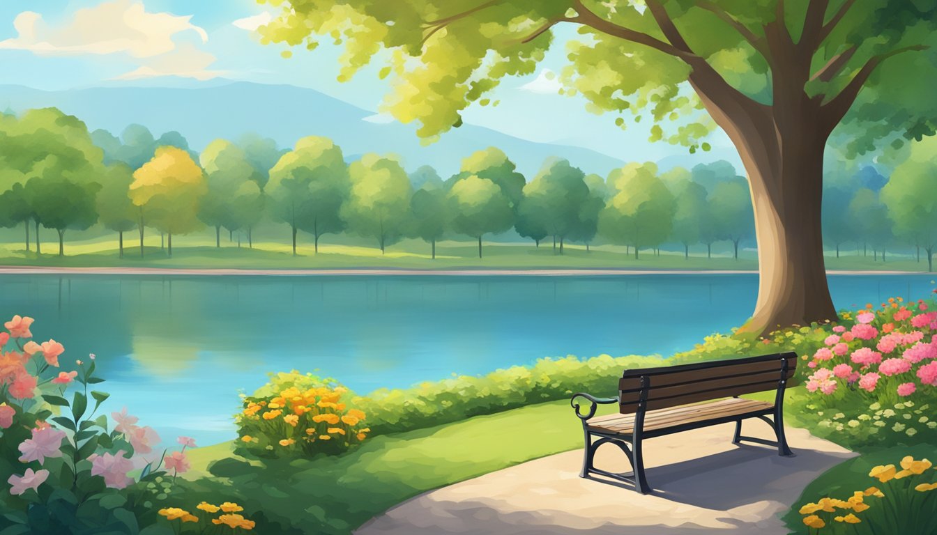 A peaceful park with a bench overlooking a serene lake, surrounded by lush greenery and colorful flowers, with a clear blue sky overhead