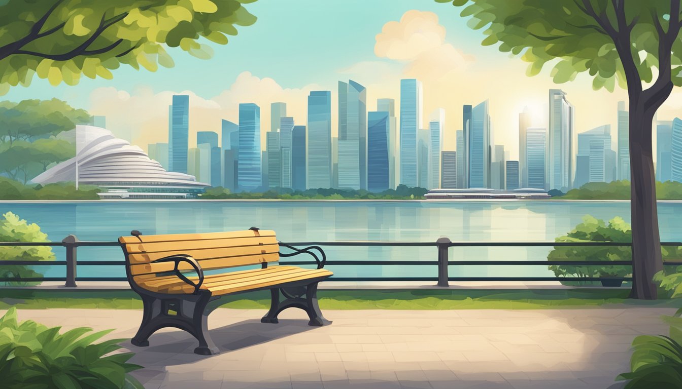 A serene park with a bench overlooking a city skyline, with a sign displaying "Frequently Asked Questions: How much do you need to retire in Singapore?"