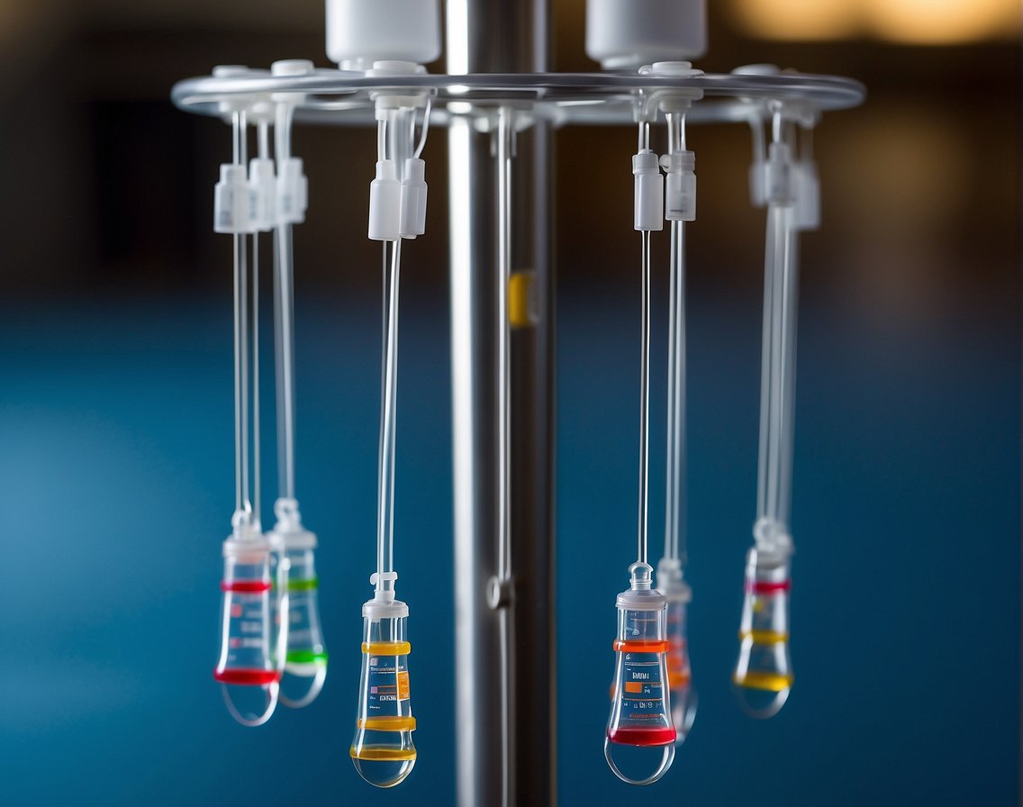 An IV drip stand holds bags of different types of IV drips, with tubing connected to each bag, ready for clinical use