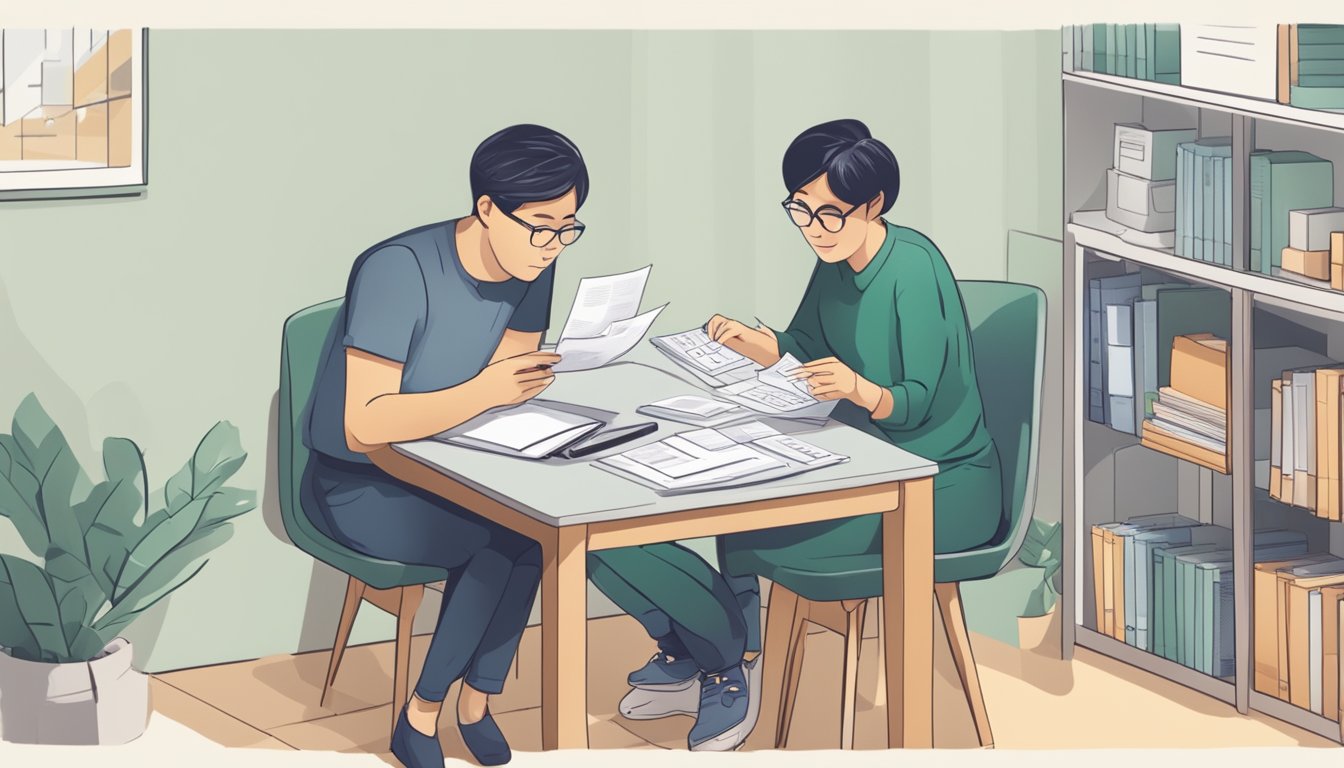 A couple sits at a table with paperwork, calculator, and laptop, discussing downpayment options for their HDB flat in Singapore