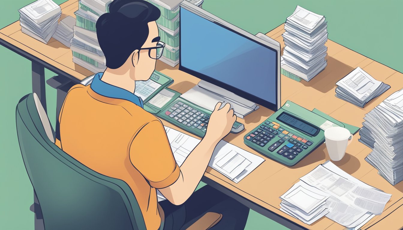 A person sitting at a desk, surrounded by paperwork and a calculator, pondering over housing loan options in Singapore