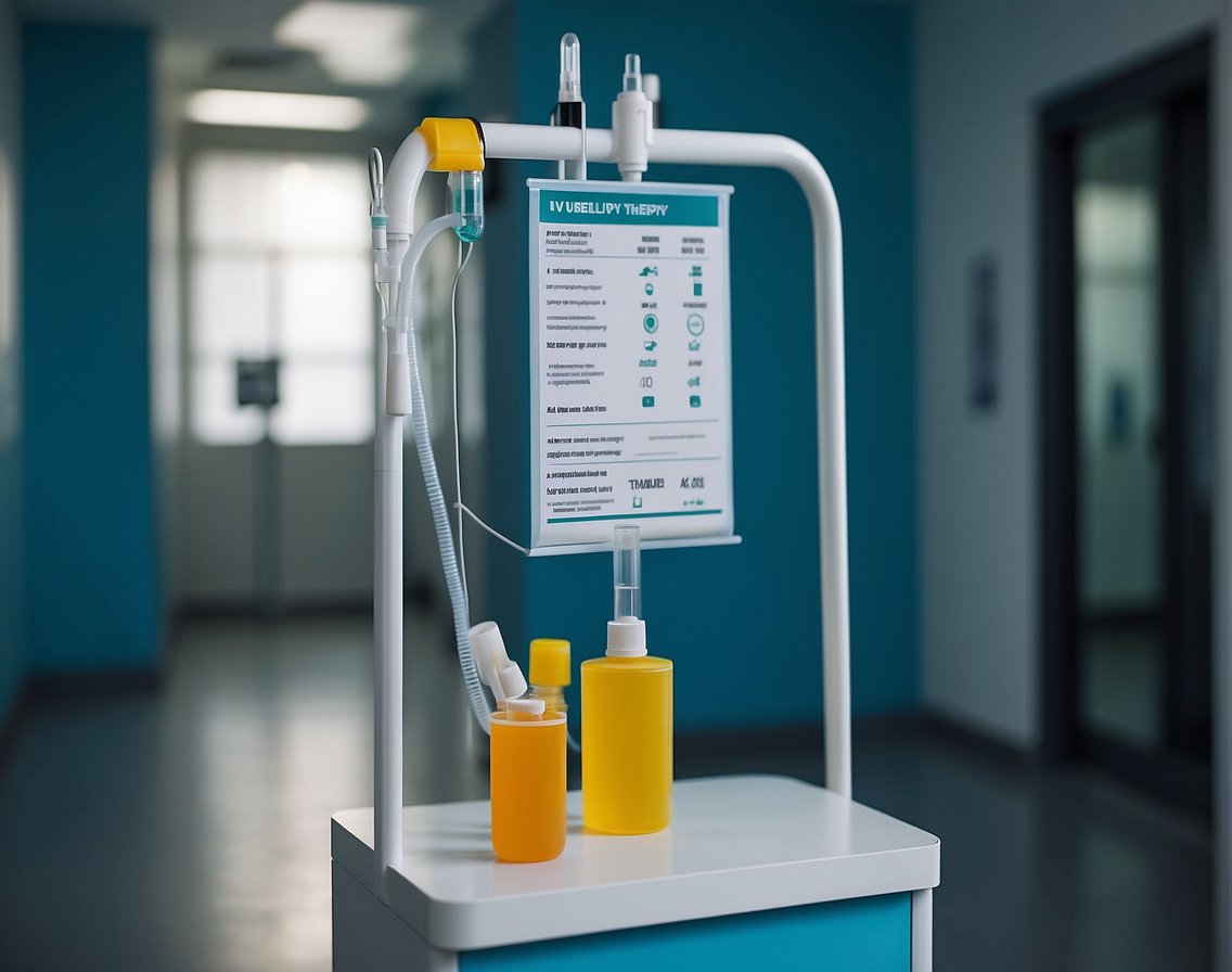 A medical bag hangs from a stand, connected to a tube and needle. A chart on the wall lists the benefits of IV therapy