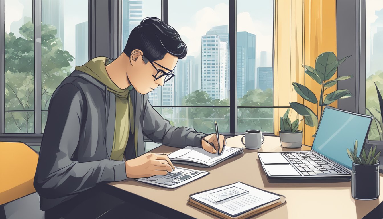 A person researching housing loans in Singapore, sitting at a desk with a laptop, calculator, and paperwork. The room is well-lit with natural light coming in through the window