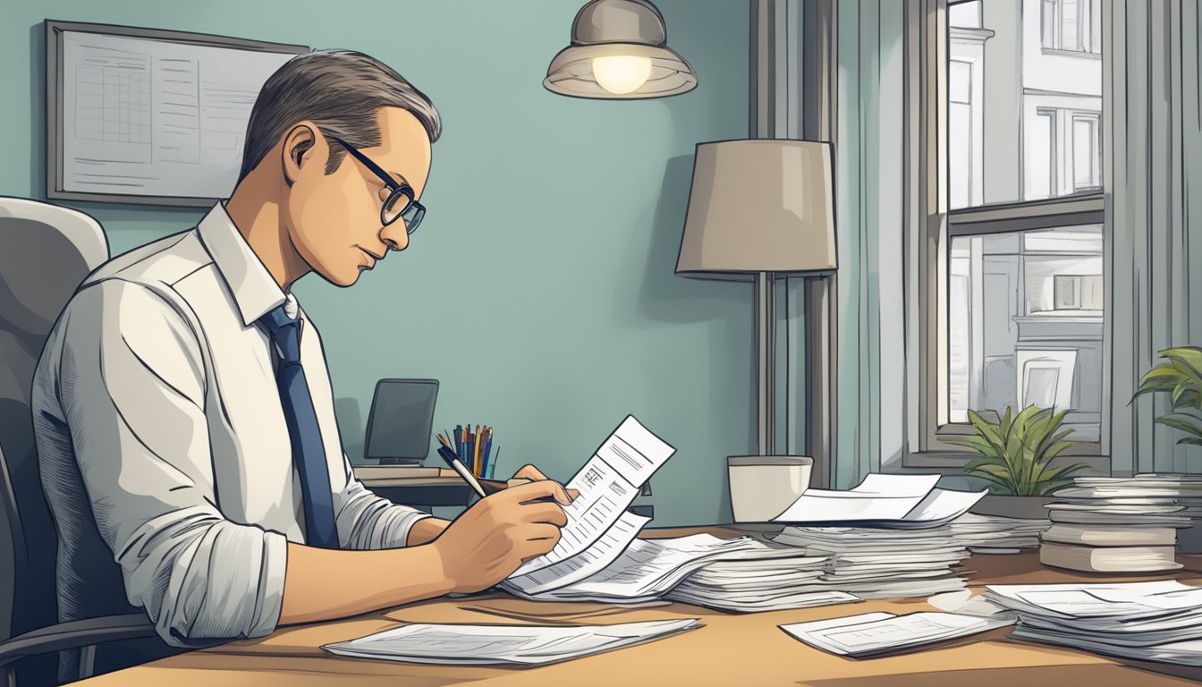A person sitting at a desk, reviewing documents and financial statements, with a calculator and pen in hand. A sign on the wall reads "Eligibility Criteria for Housing Loans."