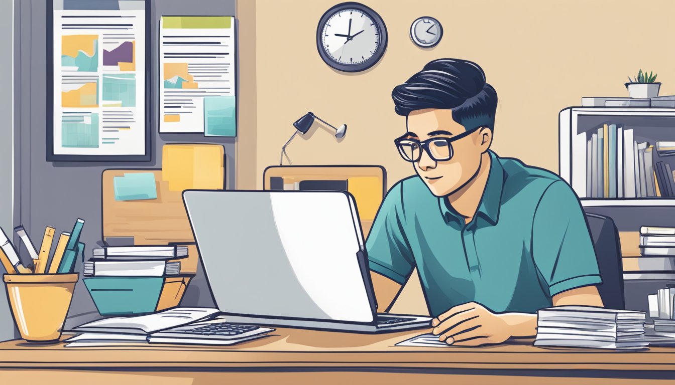 A person sitting at a desk, researching and comparing different types of housing loans available in Singapore. A calculator, laptop, and paperwork are spread out on the desk