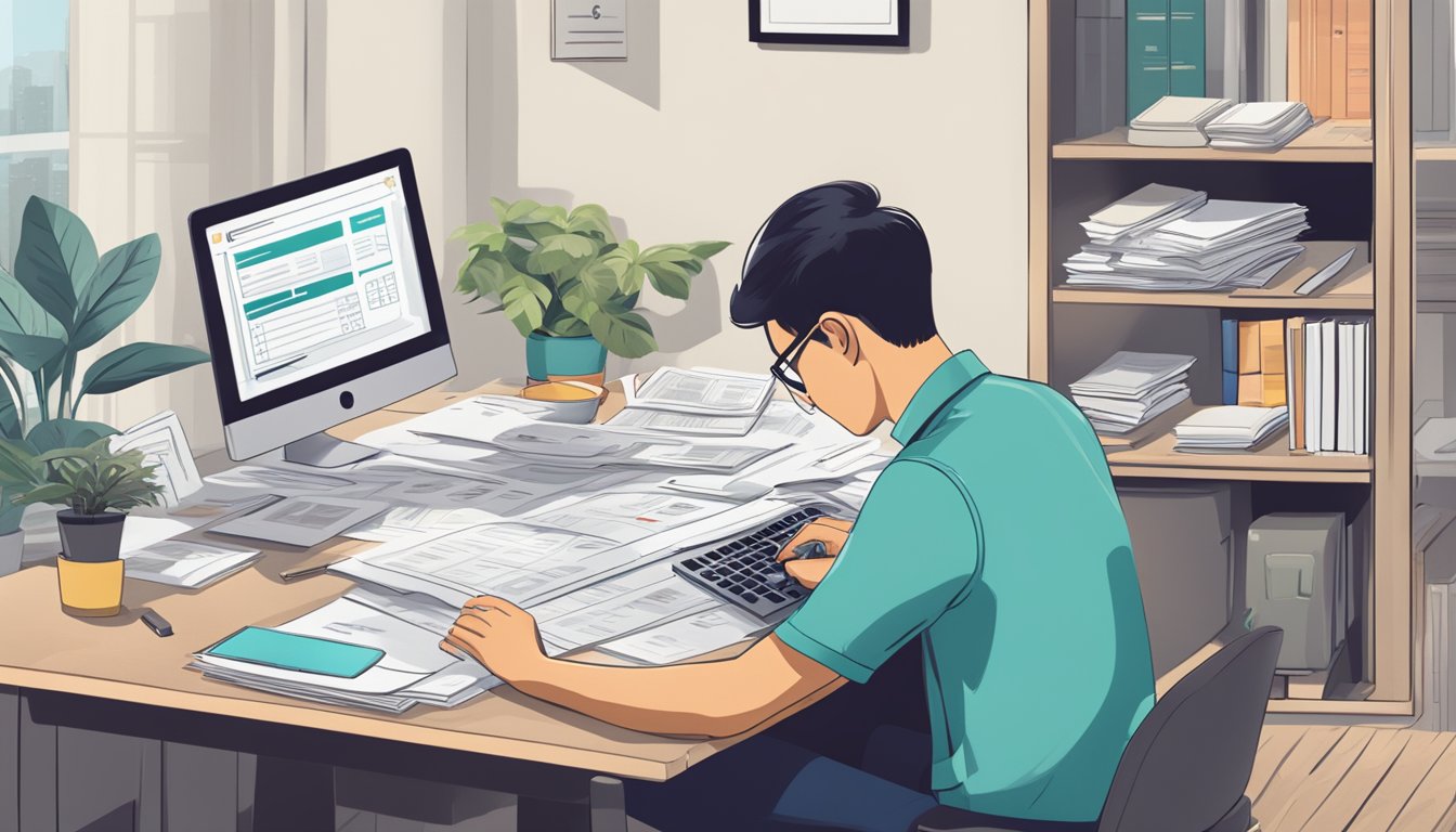 A person sitting at a desk, surrounded by financial documents and a calculator, researching housing loan options in Singapore