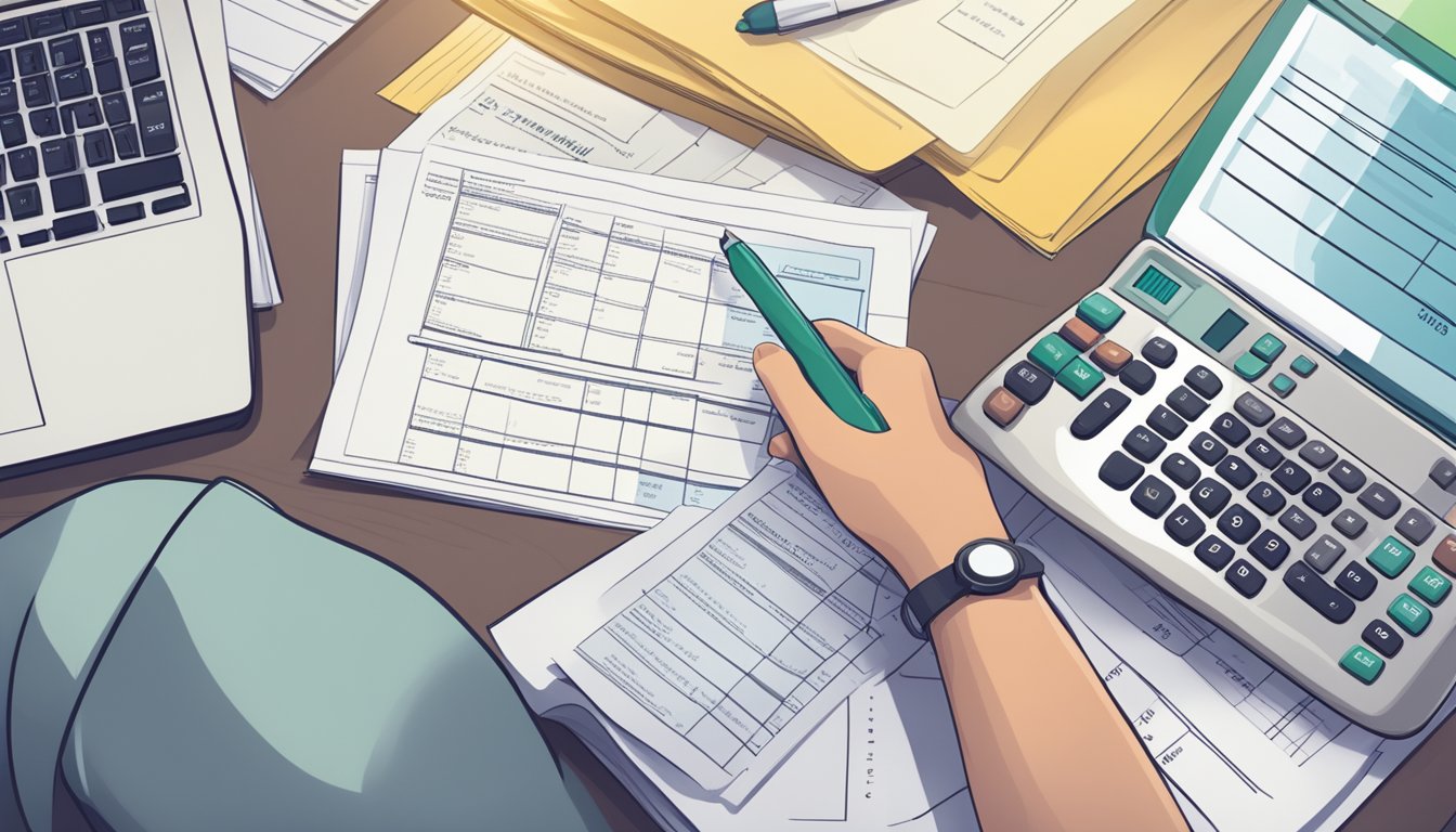A person reviewing financial documents with a calculator and a list of housing loan options in Singapore