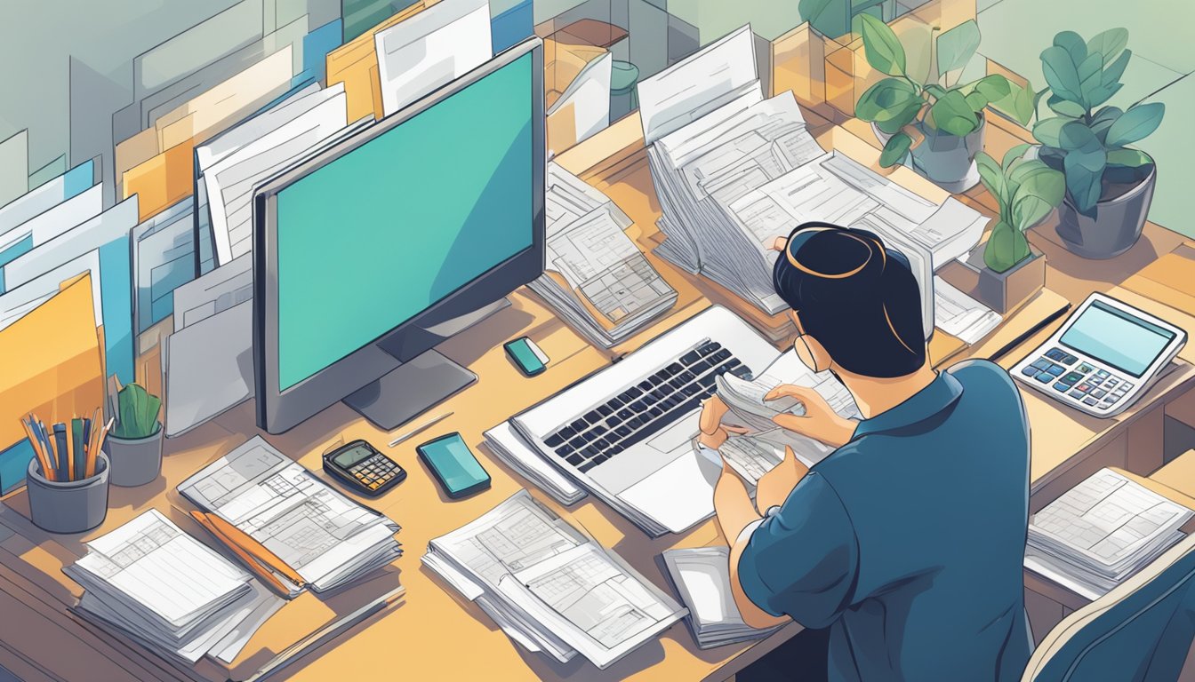 A person sitting at a desk, surrounded by paperwork and a calculator, researching housing loan limits in Singapore