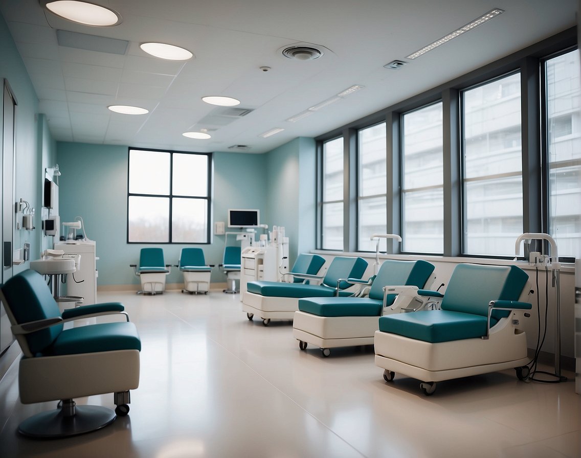 A modern, sleek clinic with IV drip stations, medical equipment, and comfortable seating. Bright, clean, and inviting atmosphere