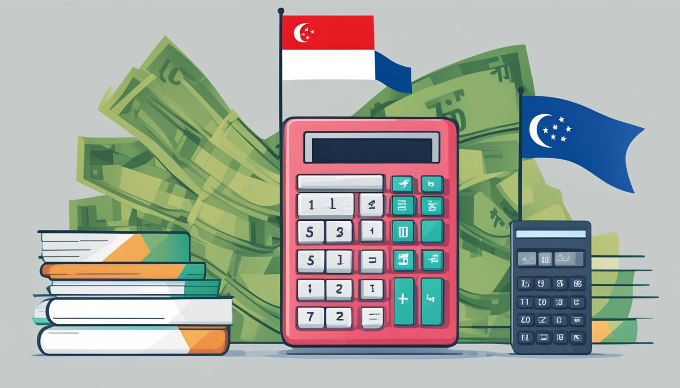 A calculator displaying the loan amount with a Singaporean flag in the background