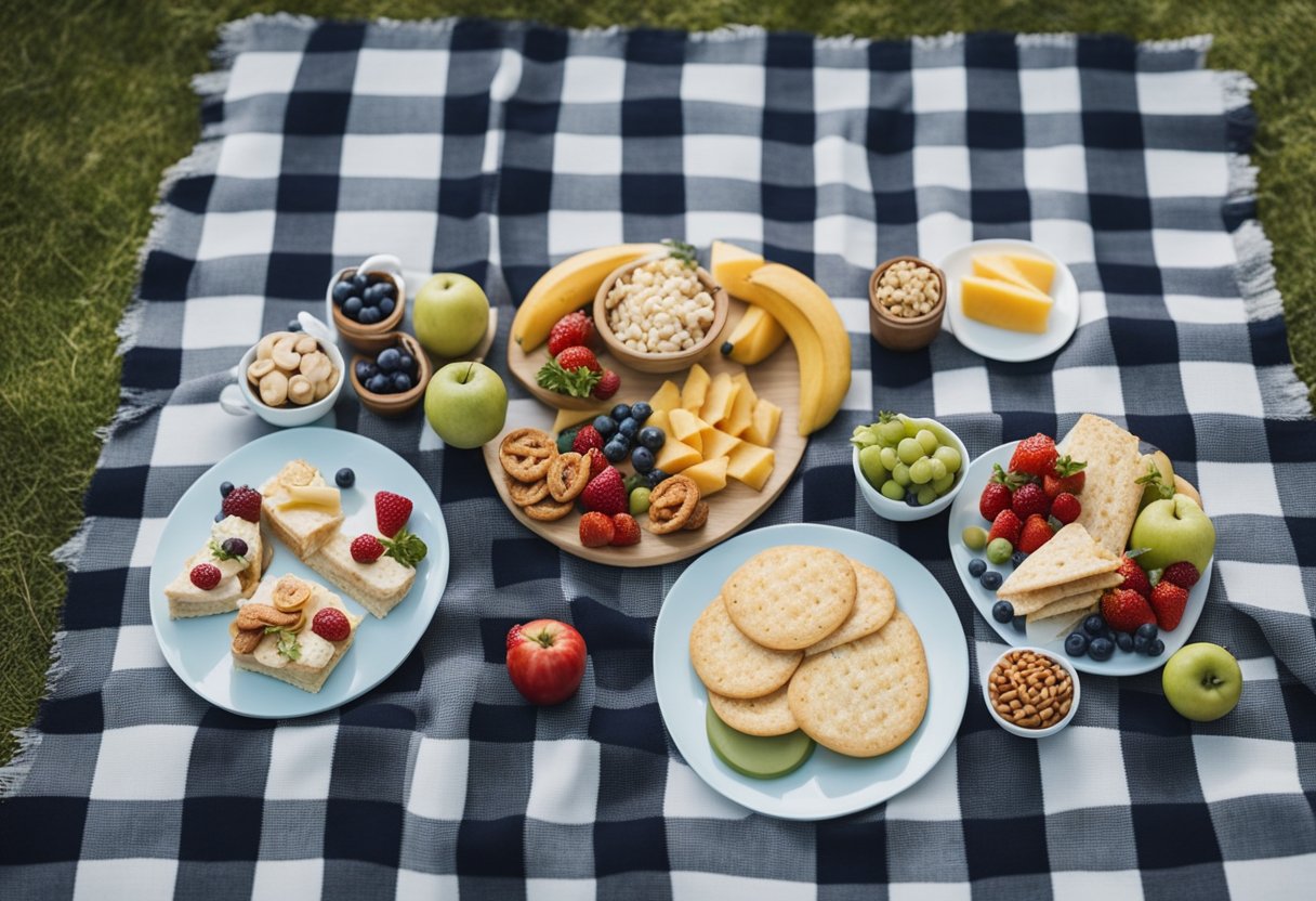 A picnic scene with a variety of healthy snacks spread out on a checkered blanket, surrounded by trees and a clear blue sky