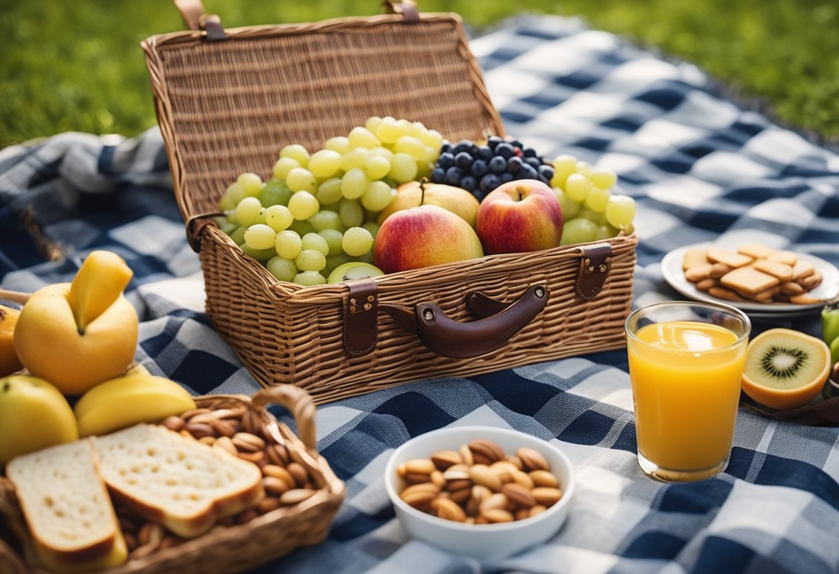 A picnic scene with healthy snacks spread on a checkered blanket in a grassy park. Fruits, nuts, and whole grain sandwiches are arranged neatly on a wicker basket