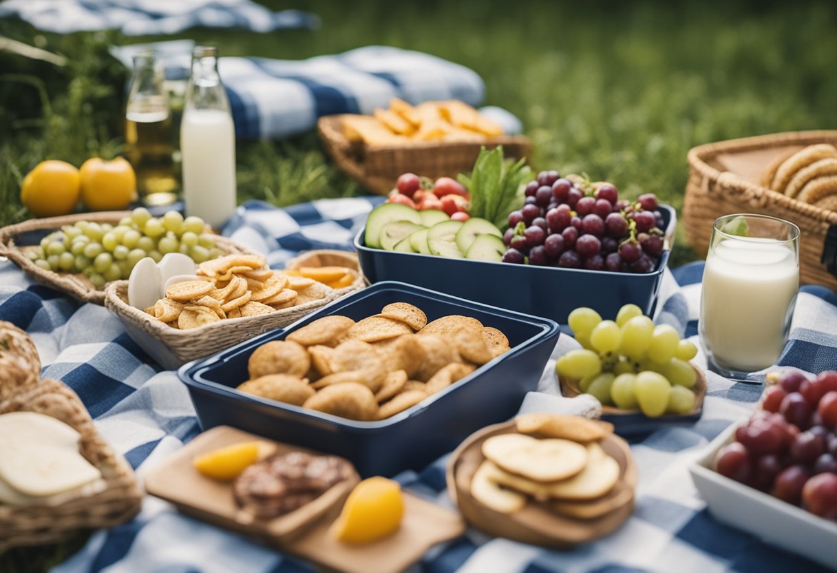 A picnic scene with a variety of healthy snacks being selected and packed for the outing