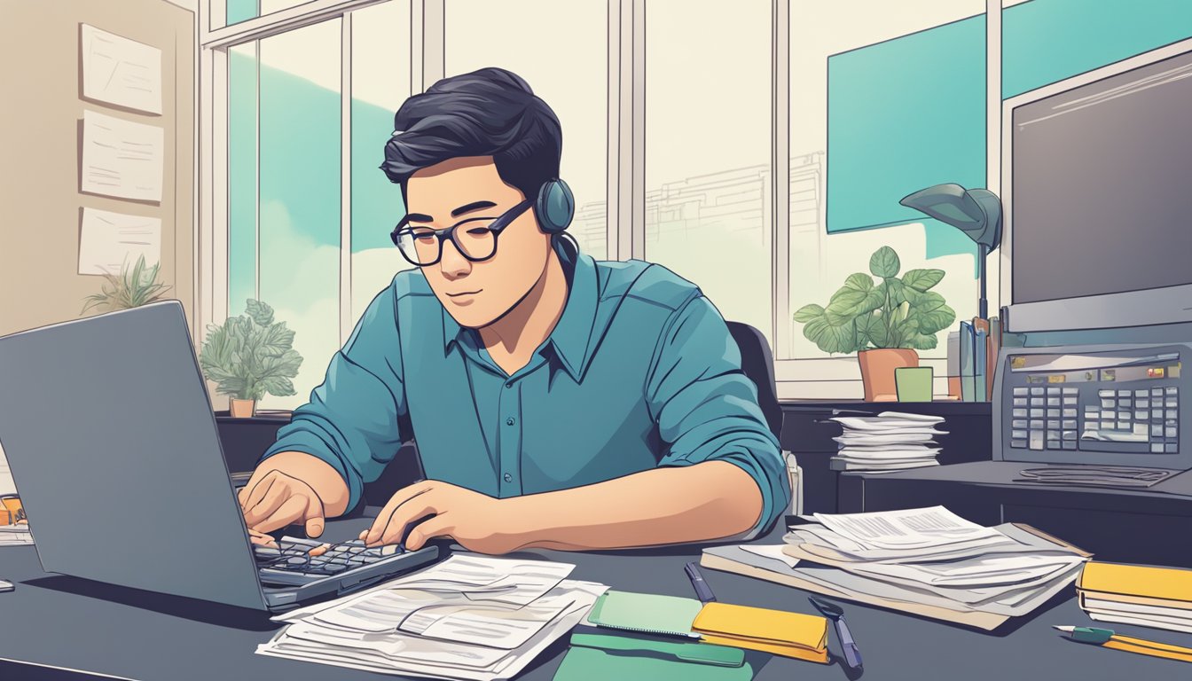 A person sitting at a desk, surrounded by financial documents and calculators, pondering the maximum personal loan they can get in Singapore