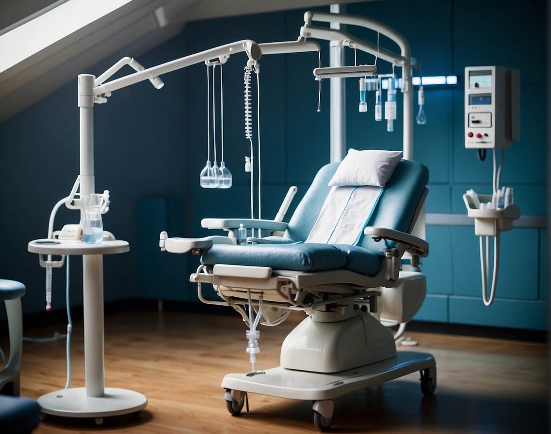 A medical setting with IV bags hanging from stands, tubes leading to a patient chair, and medical equipment nearby