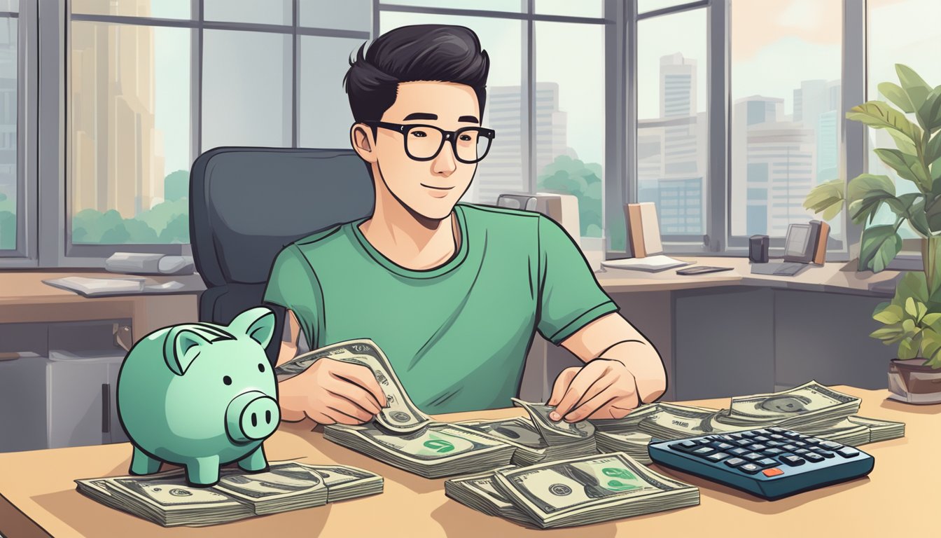 A young adult in Singapore reaching financial milestones by 21, with a stack of money, a piggy bank, and a calculator on a desk