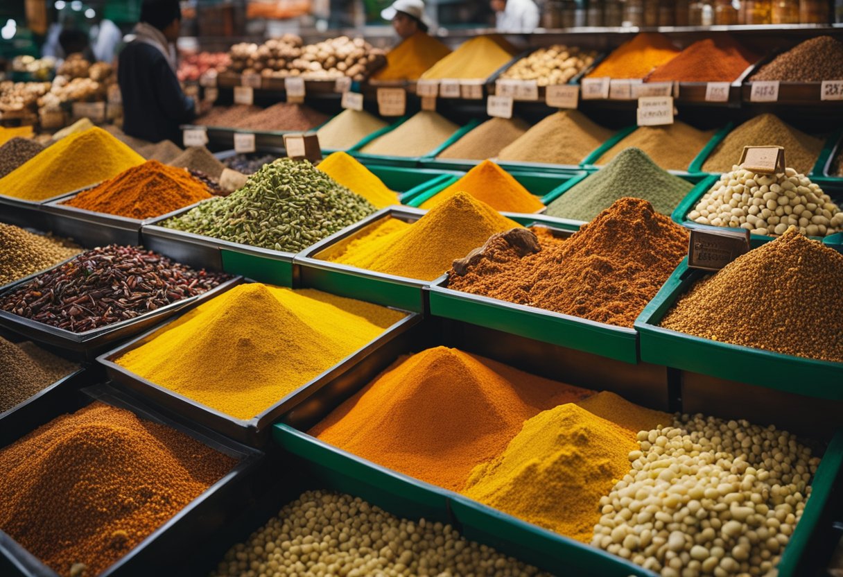 Vibrant market stalls display a colorful array of exotic spices from around the world, surrounded by bustling merchants and eager customers