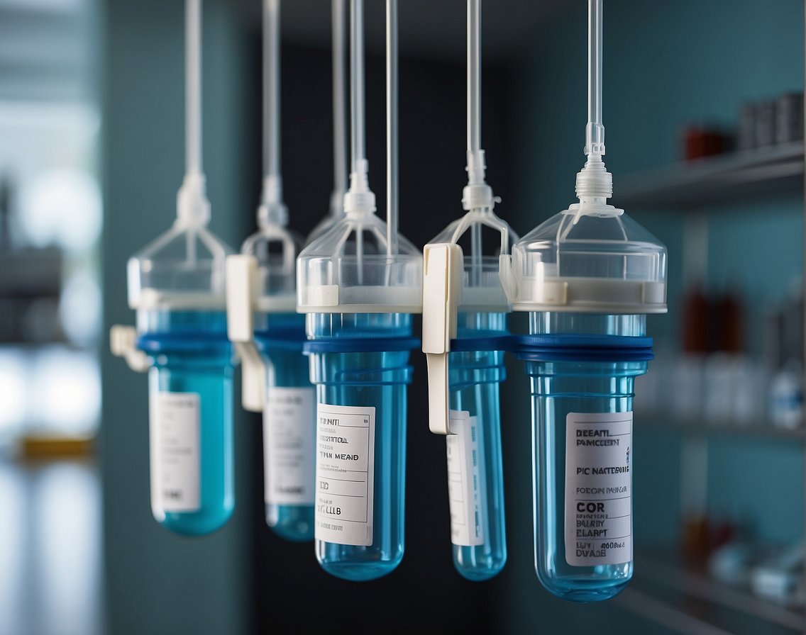 IV bags hang from hooks, tubes connected, labels indicate medication. Room is sterile, with medical equipment and supplies neatly organized