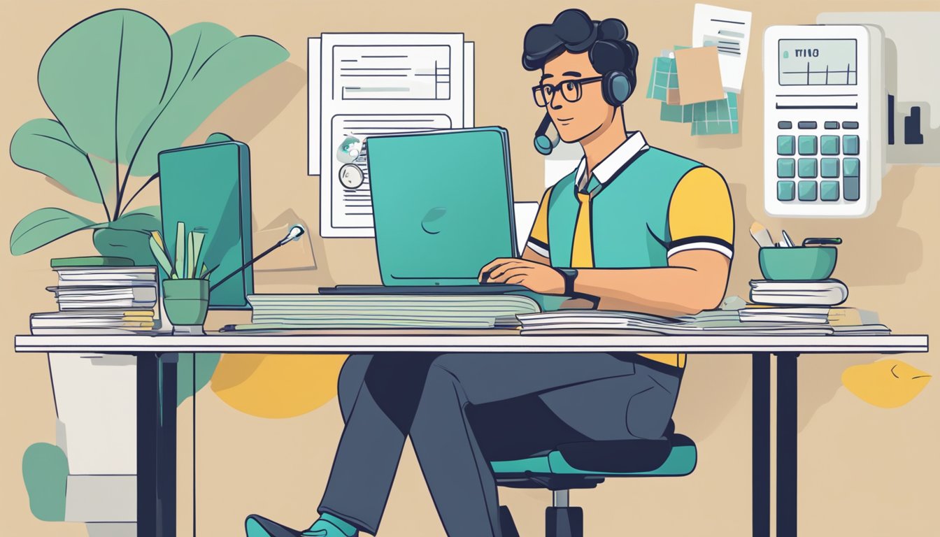 A person sitting at a desk, typing on a computer, with a calculator and paperwork spread out in front of them. A thought bubble above their head with the words "How much personal loan will I get for my salary in Singapore?"