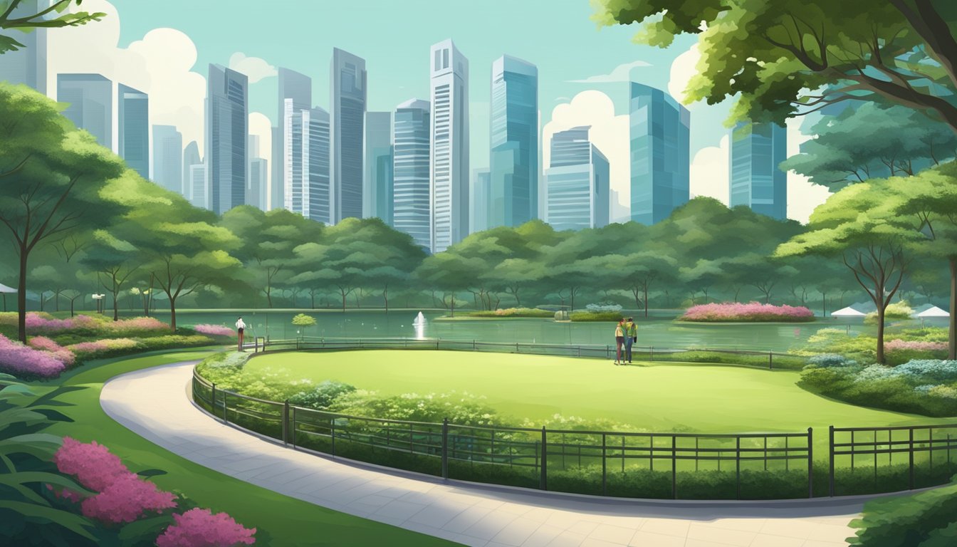 A serene park in Singapore, with a backdrop of modern skyscrapers and lush greenery, symbolizing the peaceful and affluent retirement lifestyle in the city-state