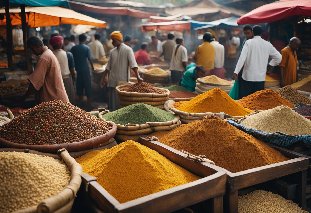 The Spice Routes: Discover the Trade Origins of Global Cuisine - Vibrant market stalls line the ancient spice routes, showcasing an array of aromatic spices from around the world. Ships docked in the harbor unload sacks of exotic ingredients, while traders haggle and barter in the bustling marketplace