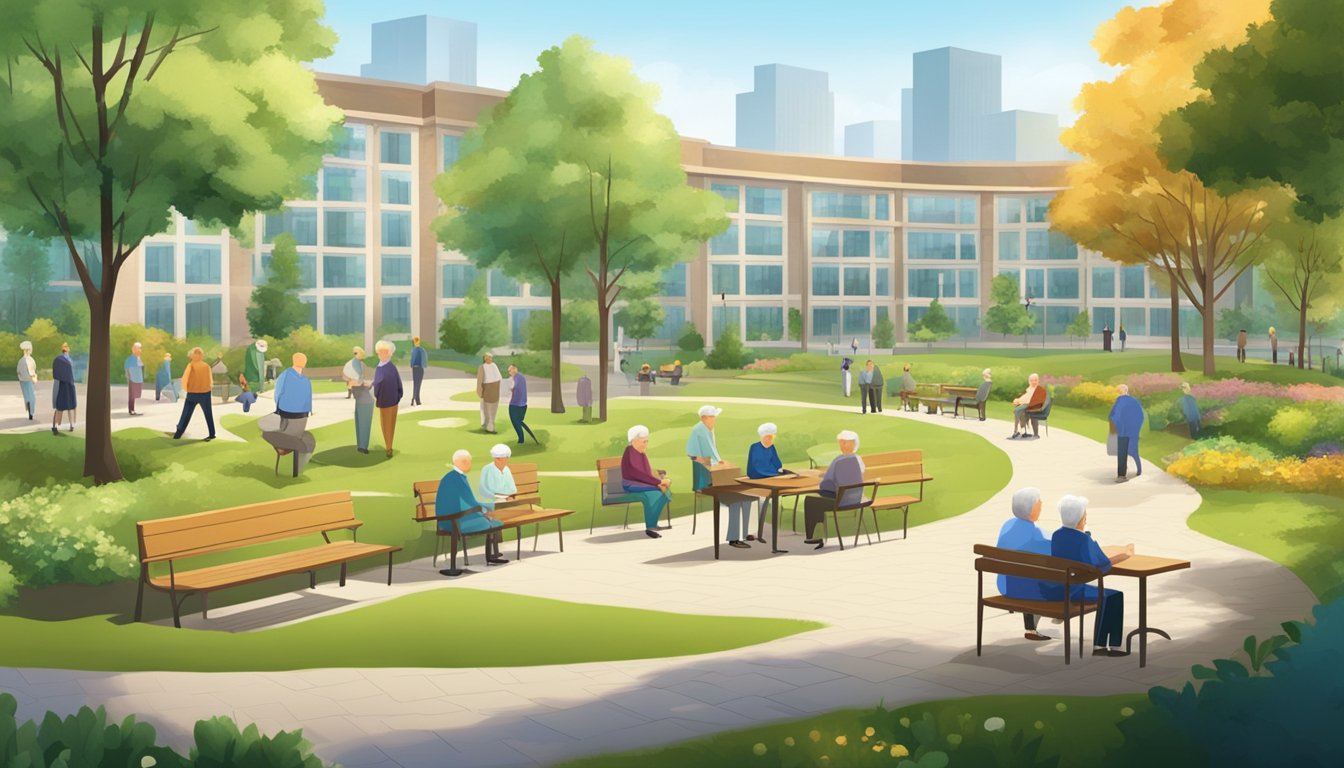 A serene park with elderly individuals engaged in various leisure activities, surrounded by modern retirement facilities and financial institutions