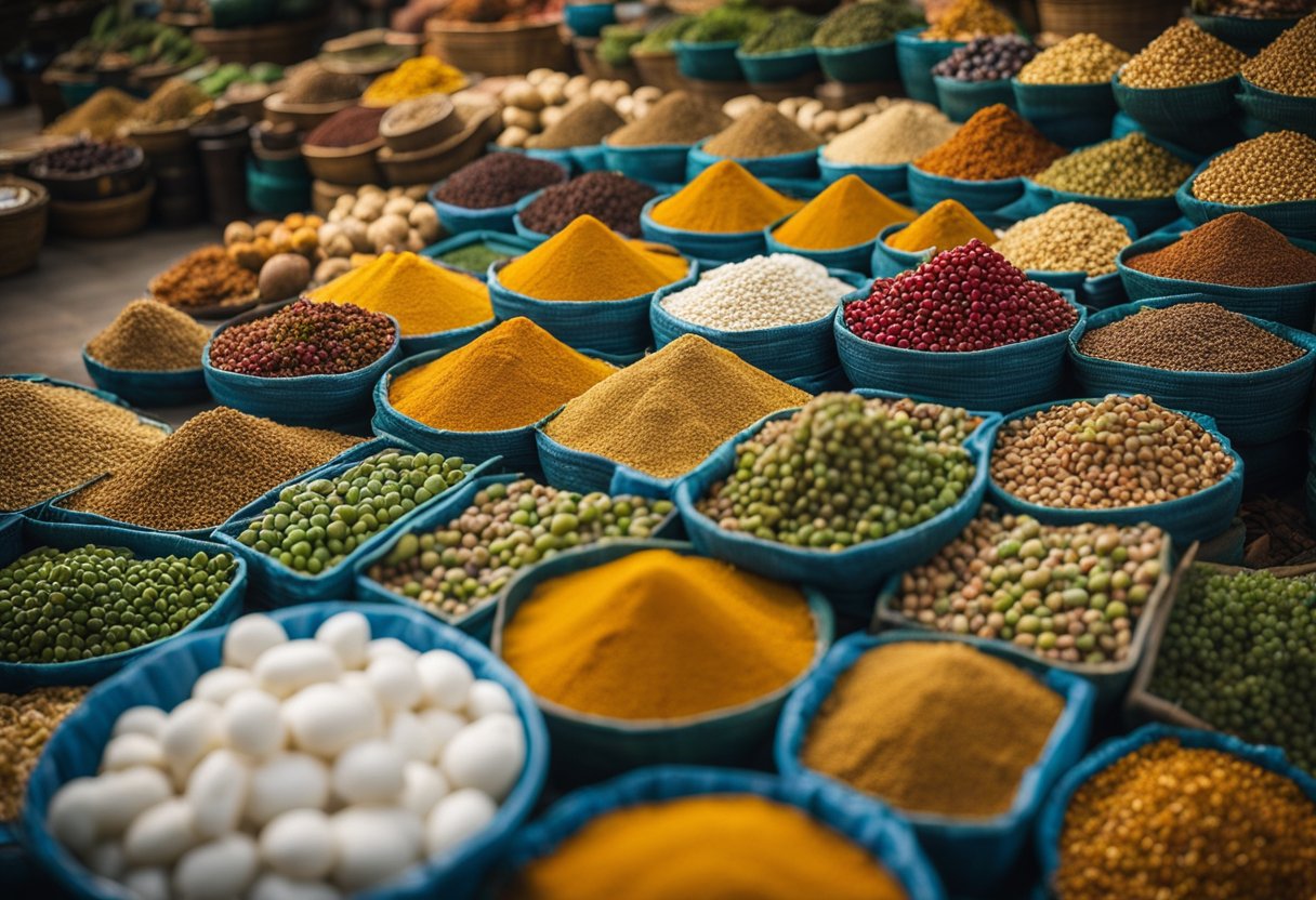 The Spice Routes: Discover the Trade Origins of Global Cuisine - Various goods line the bustling spice routes: silk, porcelain, precious metals, and exotic fruits. Ships unload their valuable cargo as traders barter and negotiate