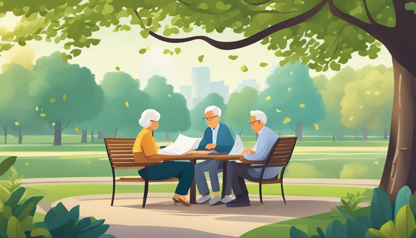 A serene park with a senior couple sitting under a shady tree, surrounded by financial documents and a calculator, discussing retirement plans