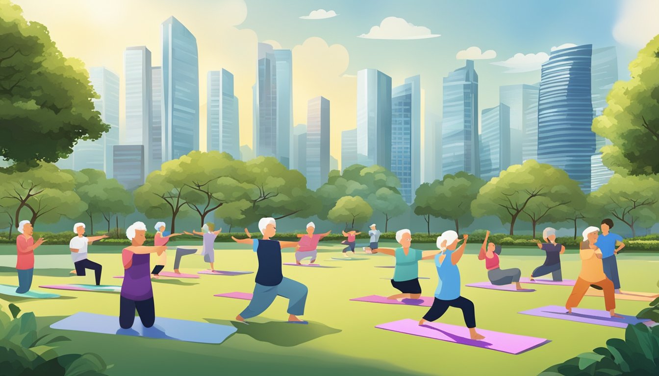 A serene park with a diverse group of retirees engaging in various activities, such as yoga, tai chi, and socializing. A backdrop of modern skyscrapers symbolizes re-employment opportunities in Singapore