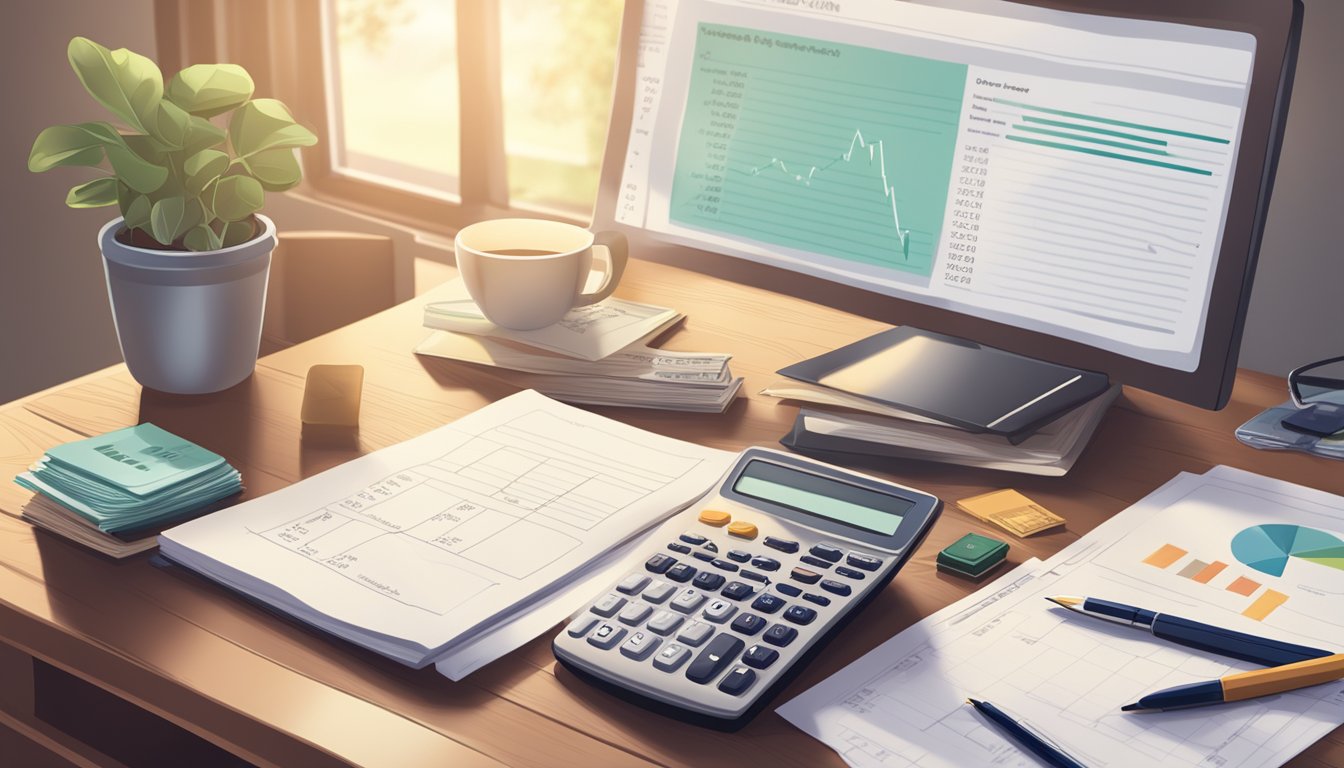 A calculator, retirement savings plan, and financial documents laid out on a desk in a cozy home office setting