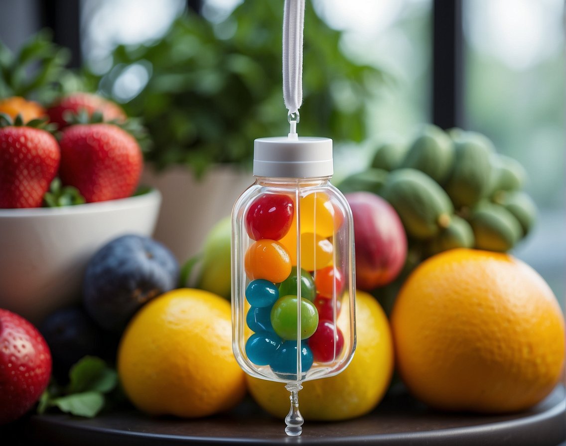 A colorful IV drip bag hangs from a stand, surrounded by vibrant fruits and vegetables, symbolizing the health benefits of Beauty IV drips