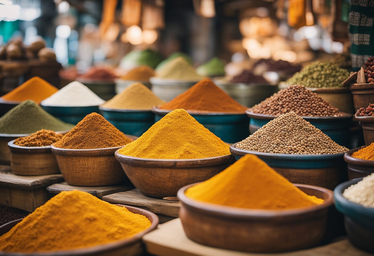 The Spice Routes: Discover the Trade Origins of Global Cuisine - Vibrant spices fill bustling markets, ships laden with exotic goods, and merchants haggling over precious cargo. The world's diverse flavors converging on ancient trade routes