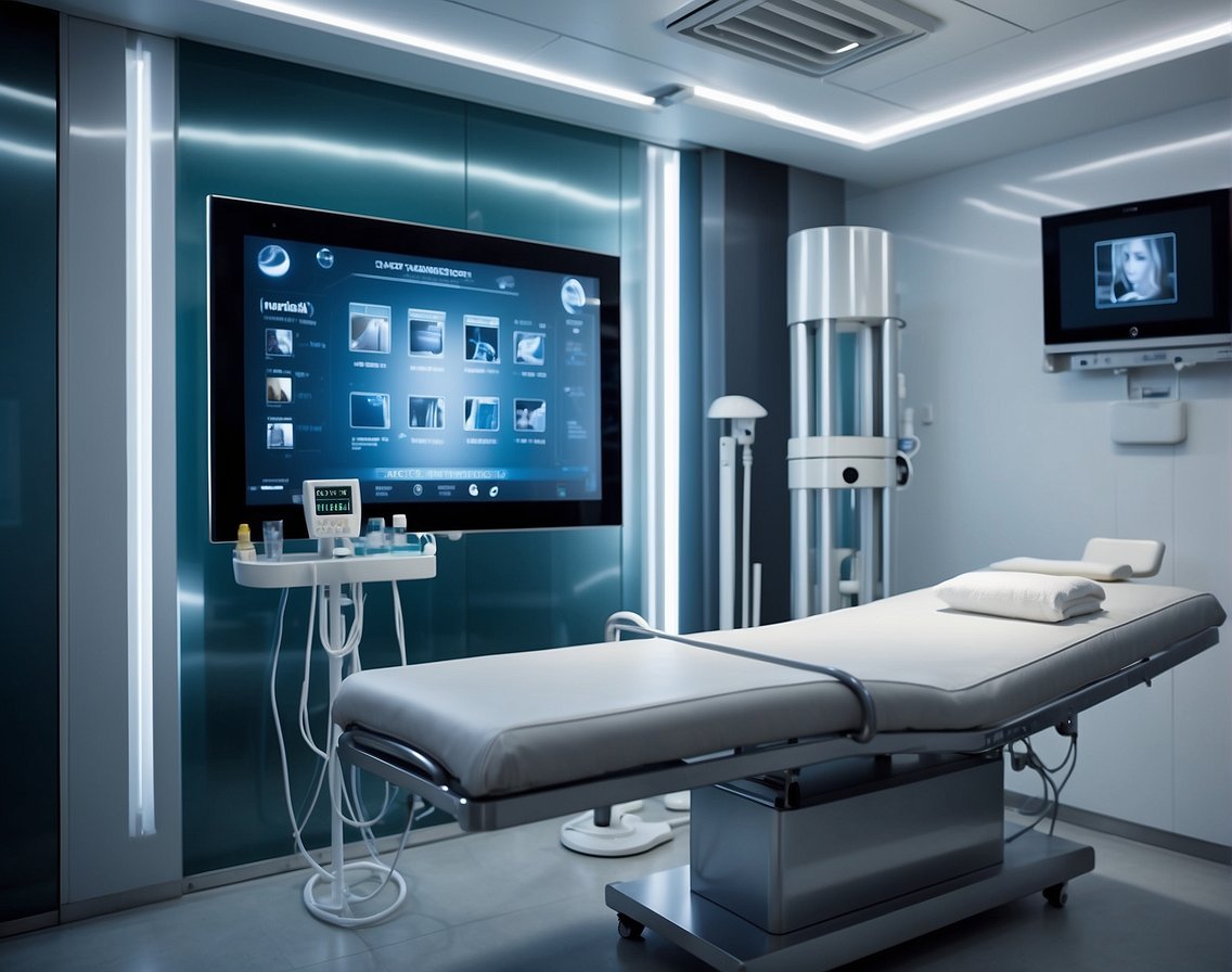 A sterile, modern clinic room with IV drip equipment and personalized beauty treatment plans displayed on a digital screen