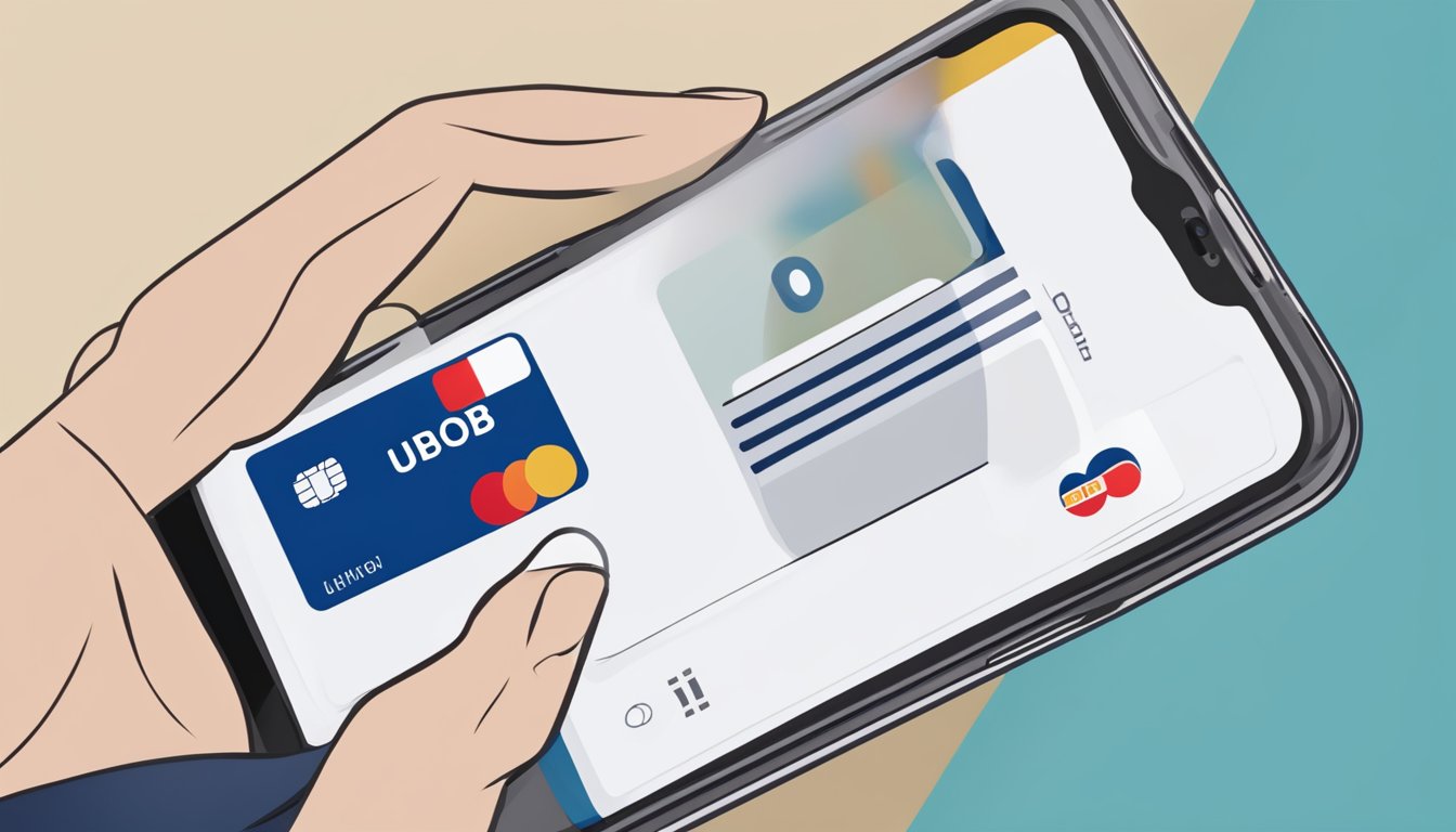 A hand holding a UOB card with a smartphone displaying the UOB mobile app. The screen shows the option to activate the card for overseas use