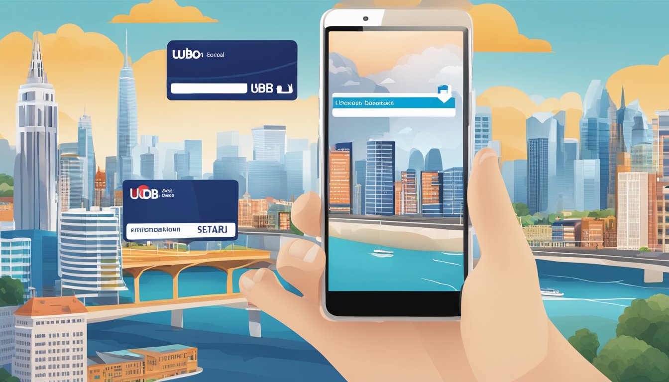 A hand holding a UOB card and a smartphone with the UOB app open, with an international destination in the background