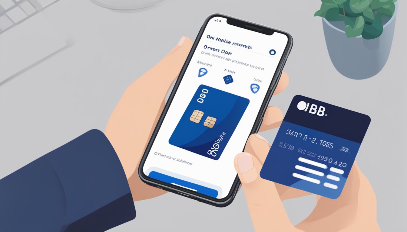 A hand holding a UOB card next to a smartphone with the UOB mobile app open. The card is being activated for overseas use with a series of on-screen prompts