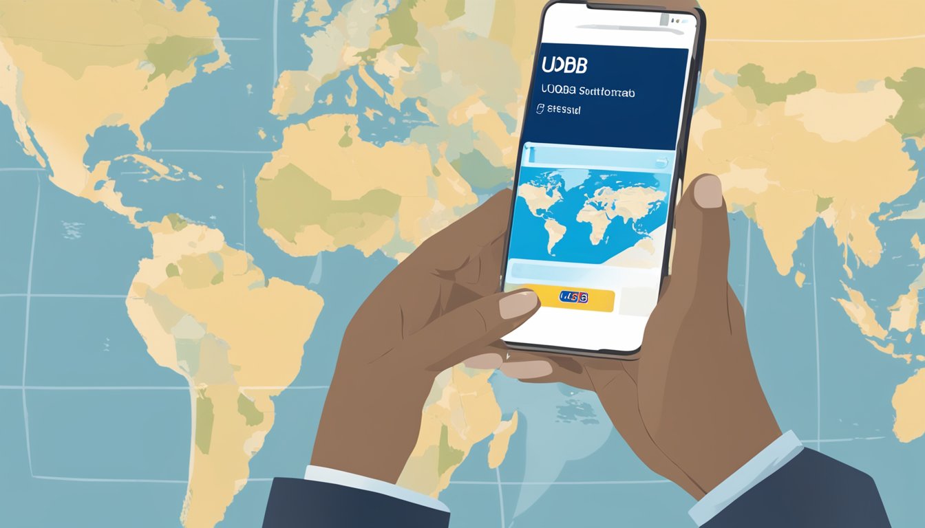 A hand holding a UOB card, with a world map in the background. A smartphone with the UOB app is shown being used to activate the card for overseas use