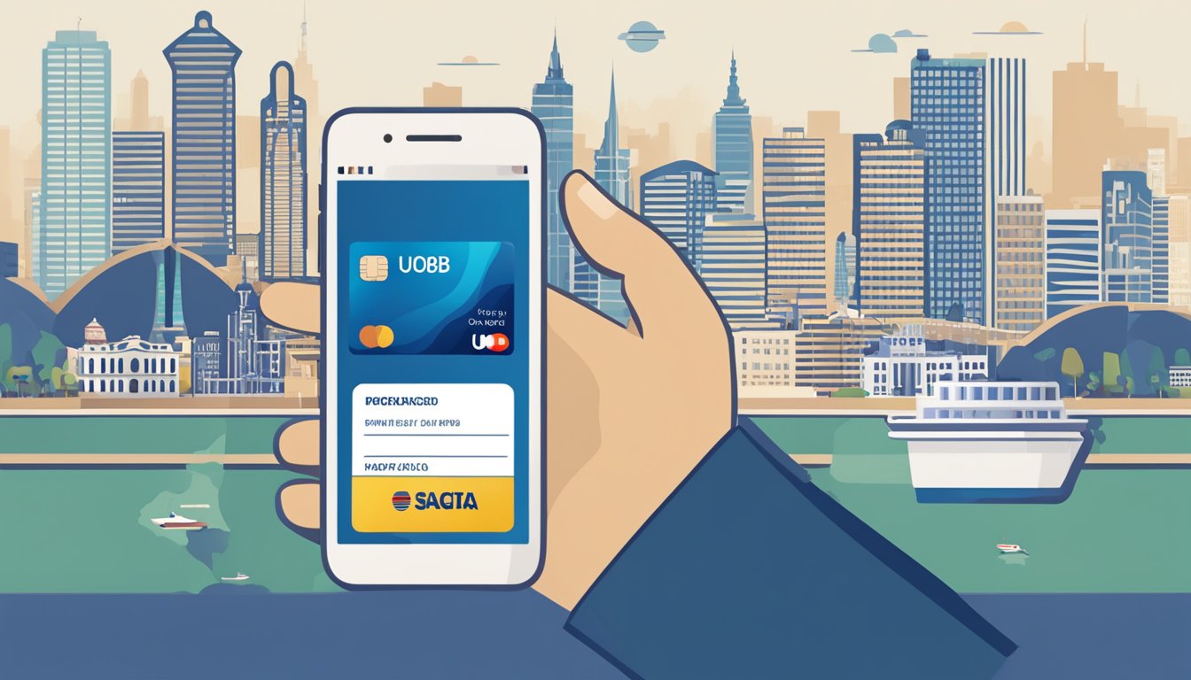 A hand holding a UOB credit card, with a smartphone displaying the UOB mobile app open to the activation page. The background could include a map of the world or a foreign city skyline