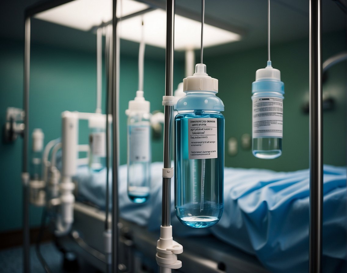 A medical setting with IV bags hanging from stands, tubes running to a patient's bedside, and a focus on the importance of hydration and safety