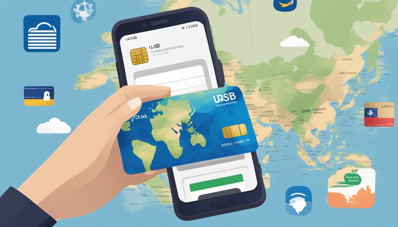 A hand holding a UOB credit card, with a mobile phone nearby showing the UOB app. A world map in the background with highlighted international destinations