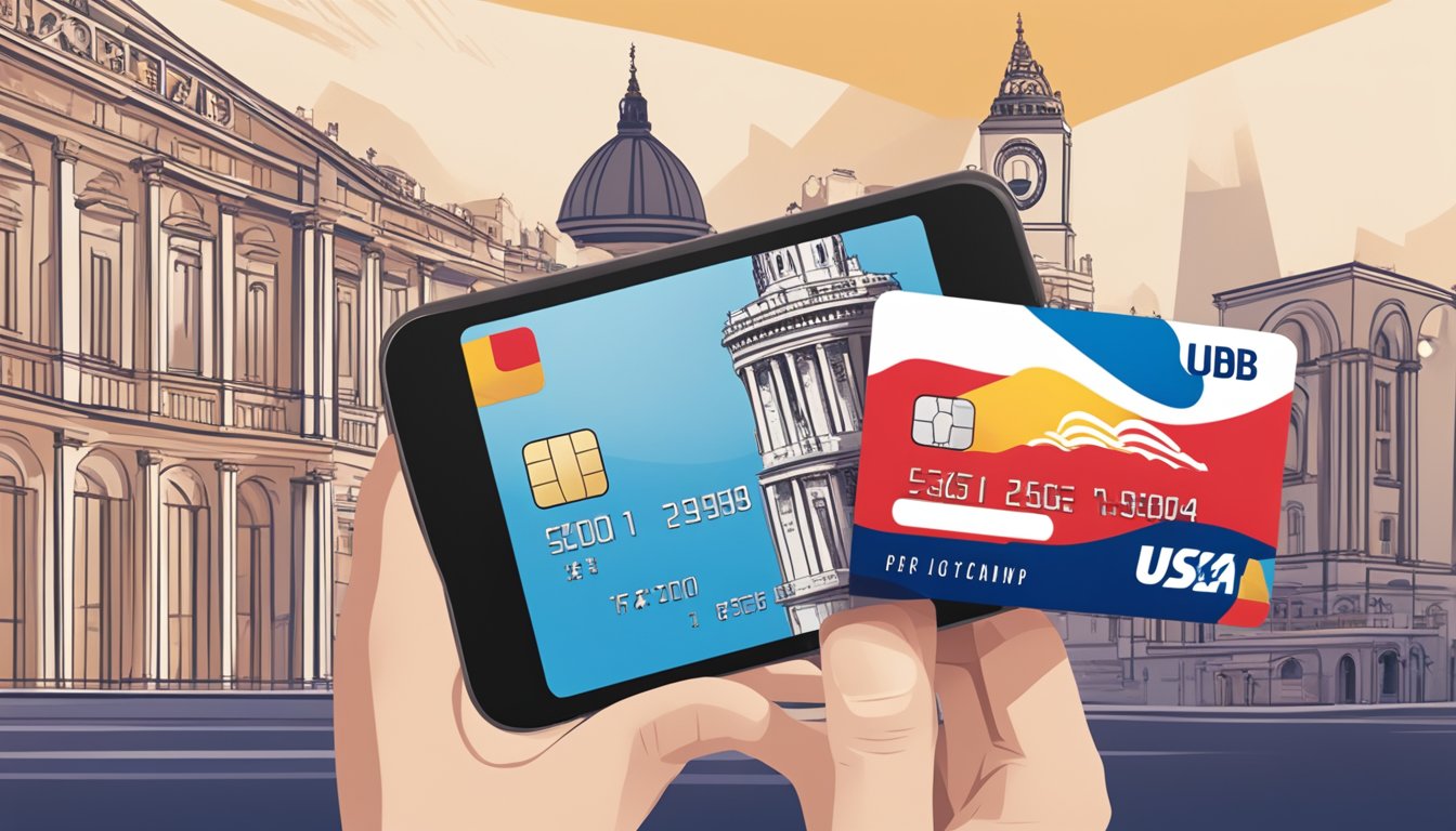 A hand holding a UOB credit card, with a smartphone displaying the UOB app open to the card activation page, set against a backdrop of iconic international landmarks