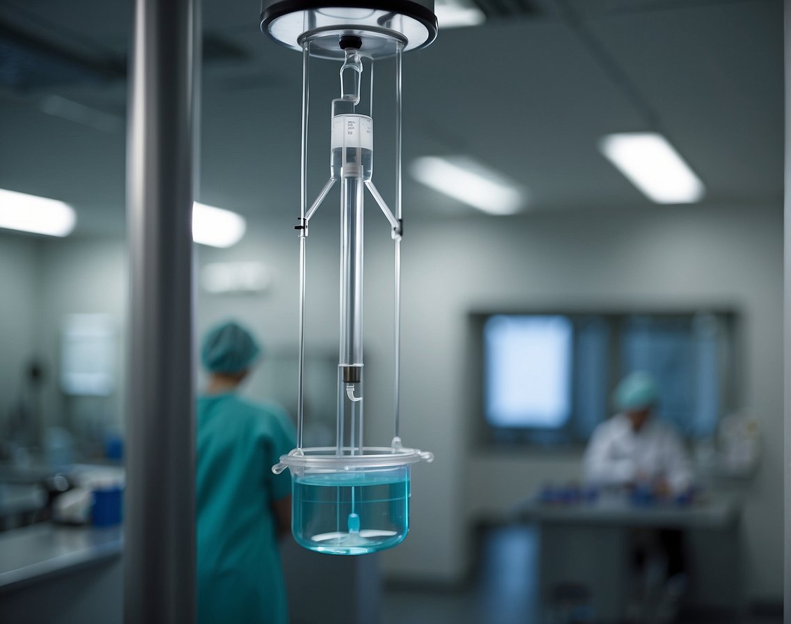 A clear IV drip bag hangs from a metal stand, connected to a tube leading to a patient's arm. Nutrient solution flows steadily into the IV line
