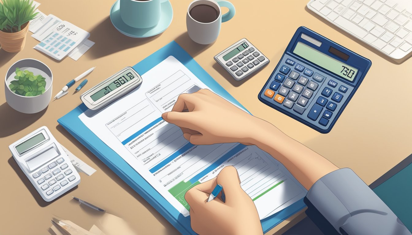 A hand reaches for a calculator, while a housing loan statement and CPF payment form lay on a desk. The calculator is being used to calculate the adjusted CPF payment for the housing loan in Singapore