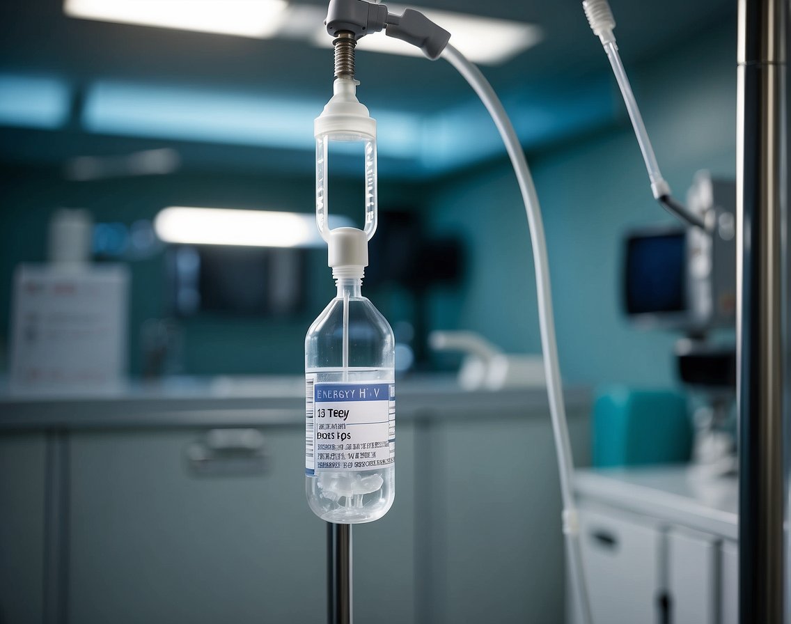 A clear IV bag hangs from a metal stand, connected to a tube and needle. The bag is labeled "Energy Boost IV Drips" and is surrounded by medical equipment