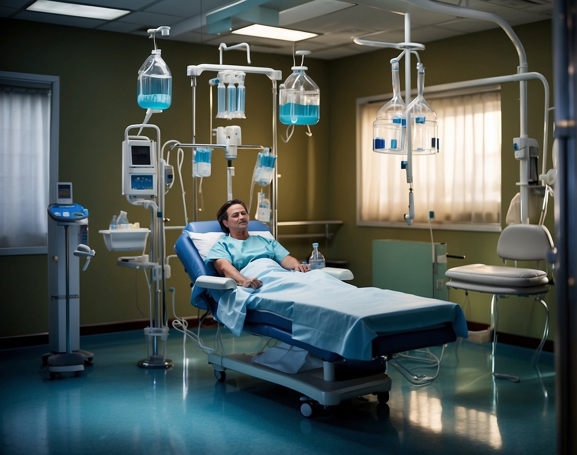 A medical setting with IV bags hanging on stands, tubes connected to the bags, and a patient reclining in a chair receiving an energy-boosting IV drip